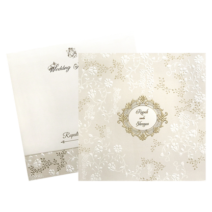 Cream Gold Floral Embossed Padded Wedding Card - KMMWD1123