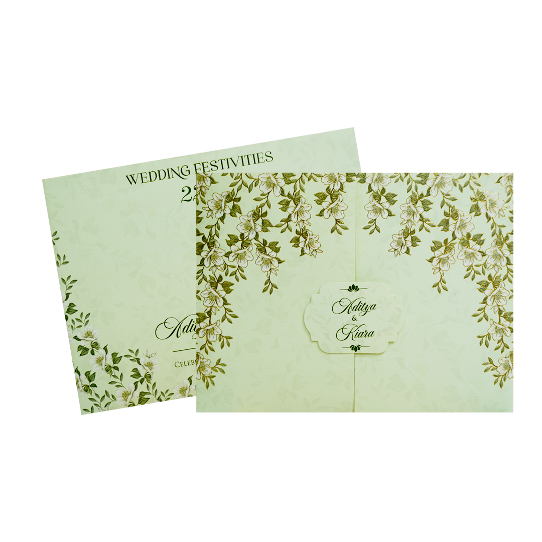 Floral Golden Green Openable Wedding Card - KFR16440