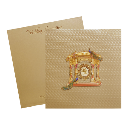 Metalic Gold Laser Cut Palace Padded Wedding Card-KMMWD1129