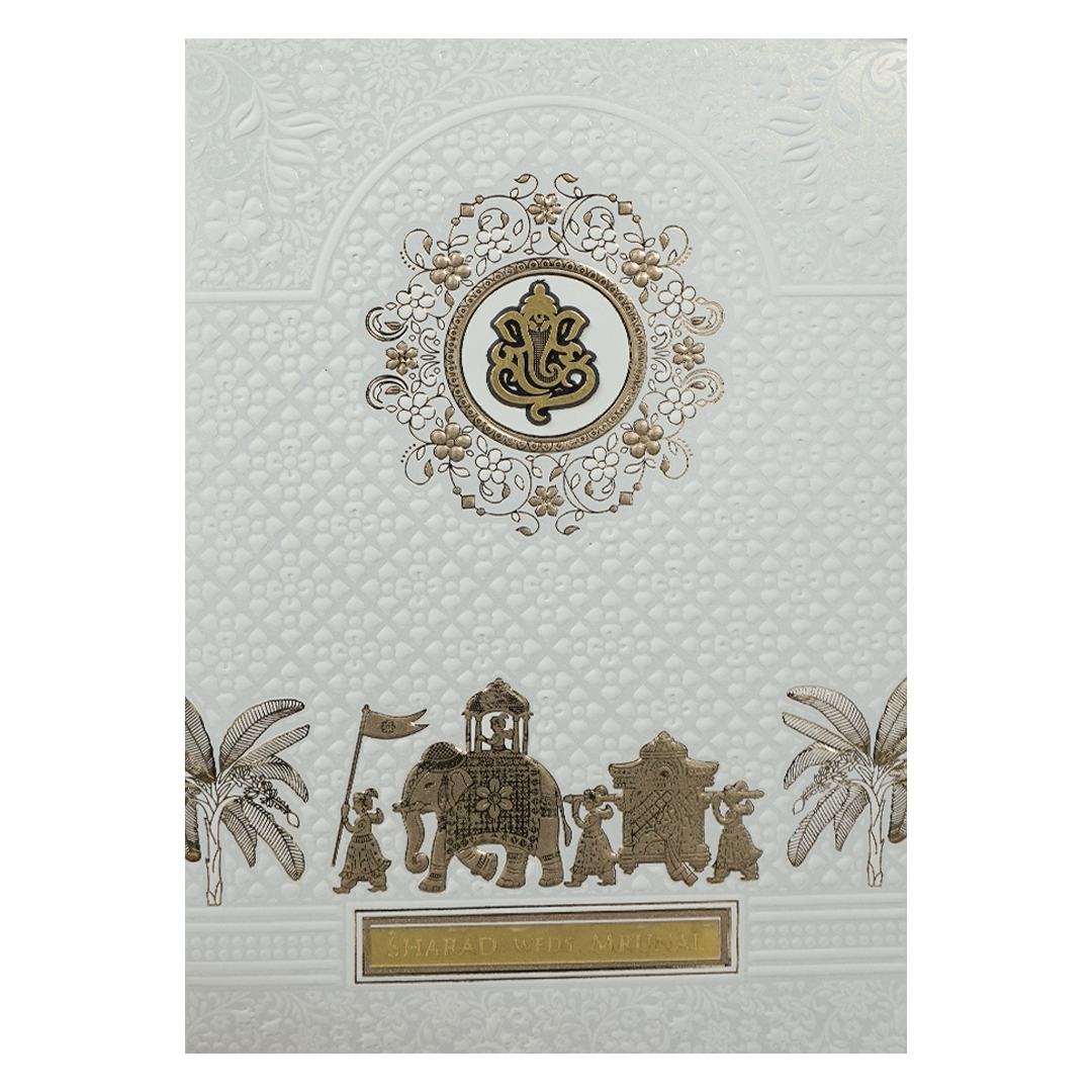 White Ganesha Procession Wedding card-KRE28640