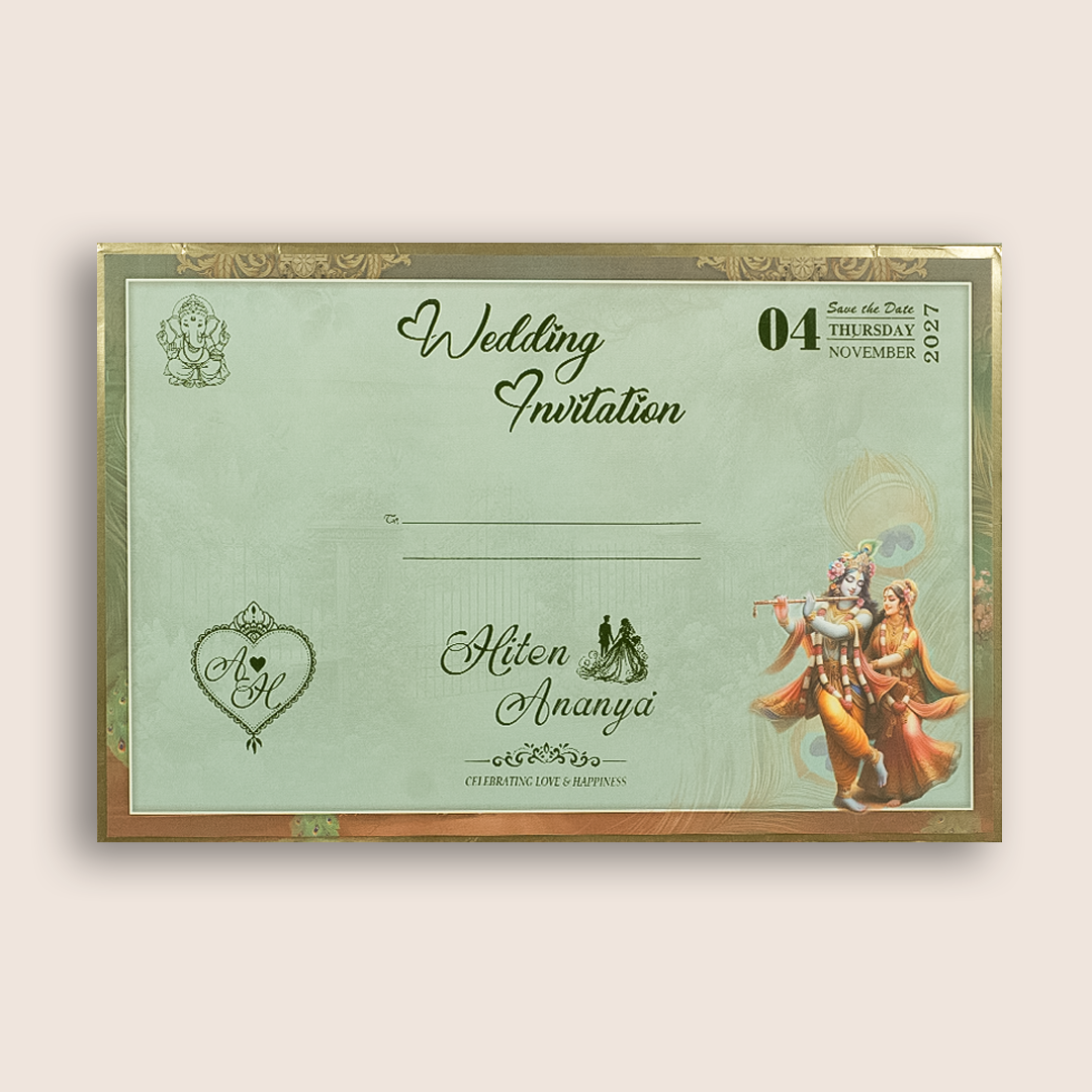 Teal Blue  Radha Krishna Padded Wedding Invitation - KSH18060