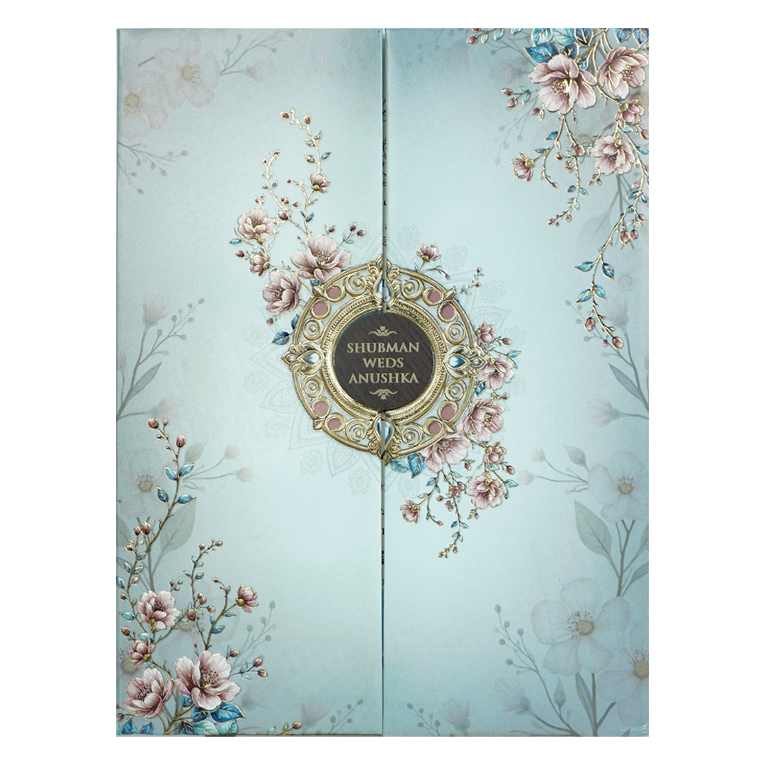 Blue Floral Padded Wedding Card-KRB09300