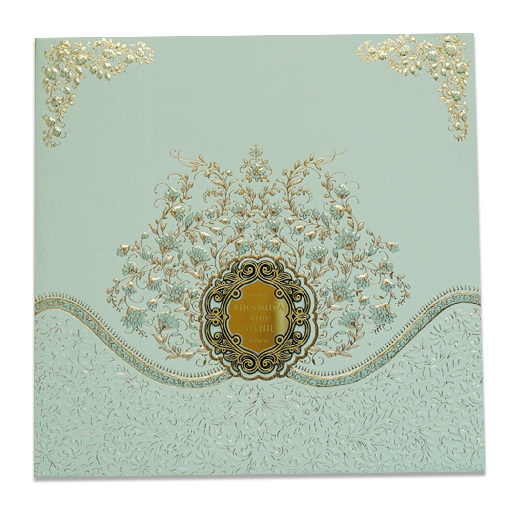 Green Floral Embossed Padded Wedding Card - KSSC2300
