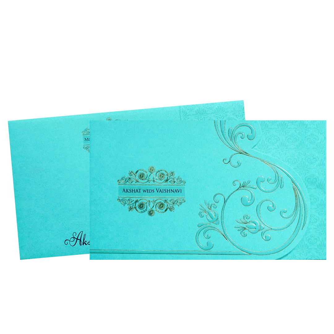 Blue Gold Foil Embossed Floral Wedding Invitation Card-KPR06440