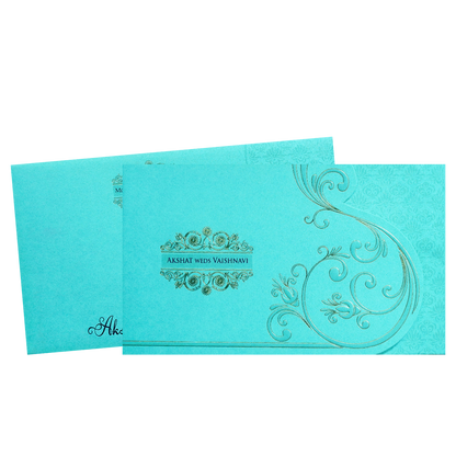 Blue Gold Foil Embossed Floral Wedding Invitation Card-KPR06440