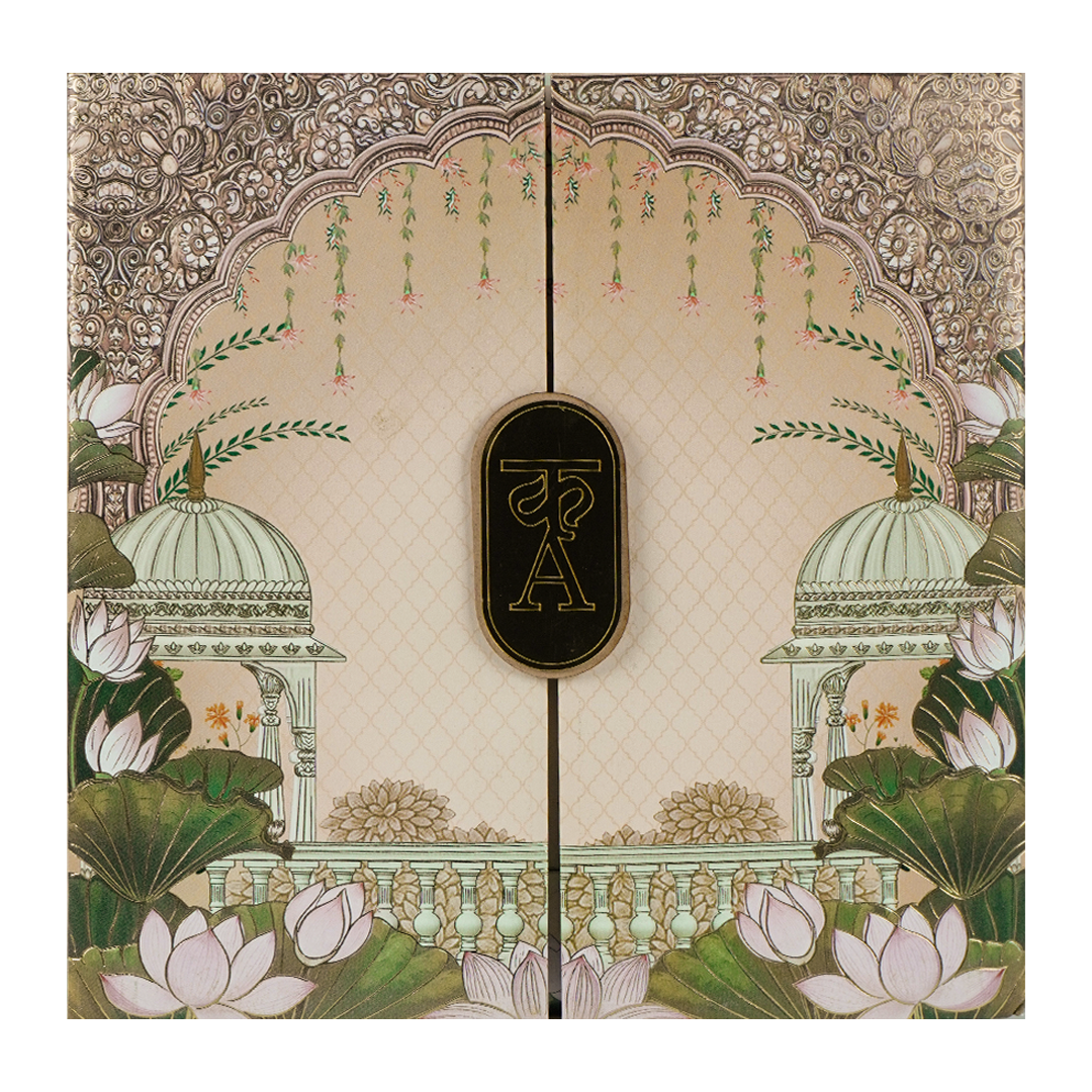Cream Padded Lotus Wedding Card-KRC31150