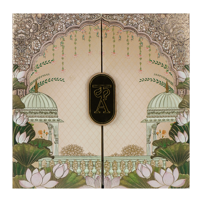 Cream Padded Lotus Wedding Card-KRC31150