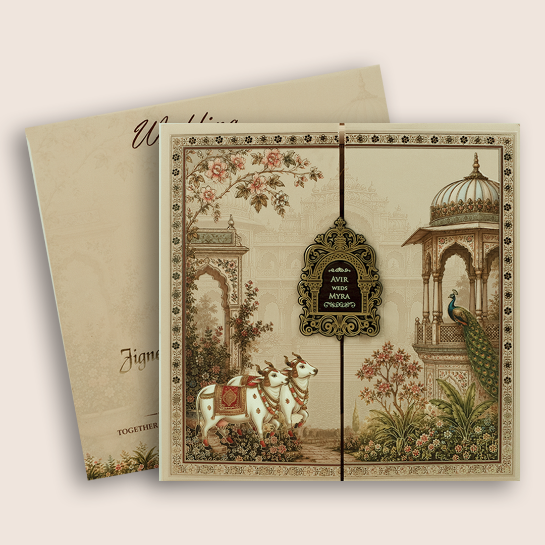Beige  Padded Door Style Wedding Card - KSH18710