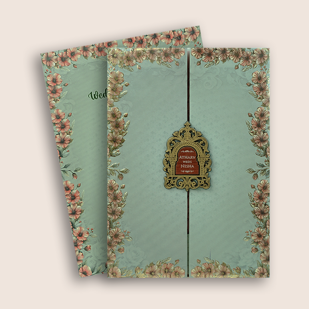 Olive Green Floral Door Style Padded Wedding Card - KVN07770