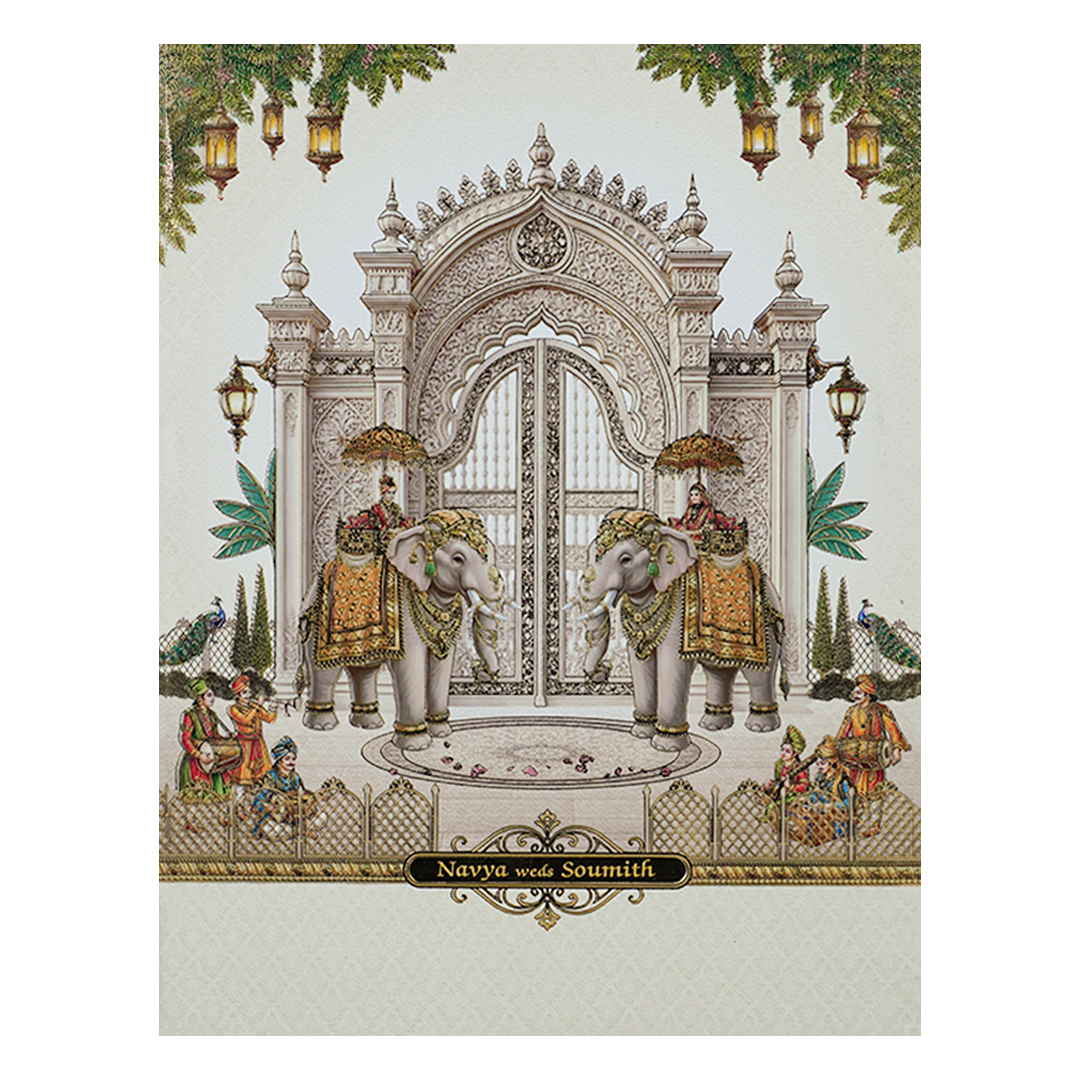 Cream Padded Palace Elephant Wedding Card-KNMO9315