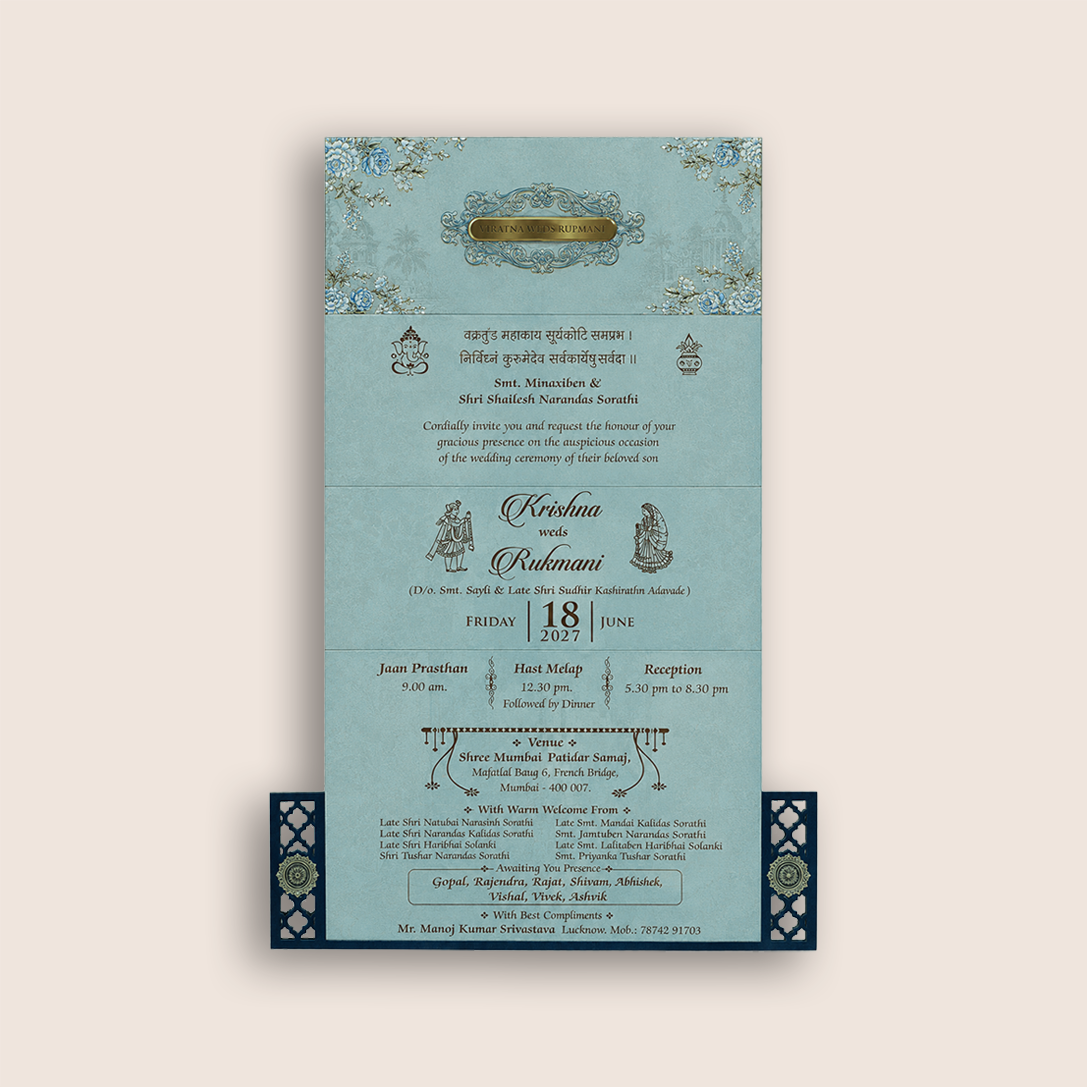 Blue MDF Floral Three Fold Wedding Card - KJTS1908