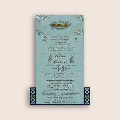 Blue MDF Floral Three Fold Wedding Card - KJTS1908