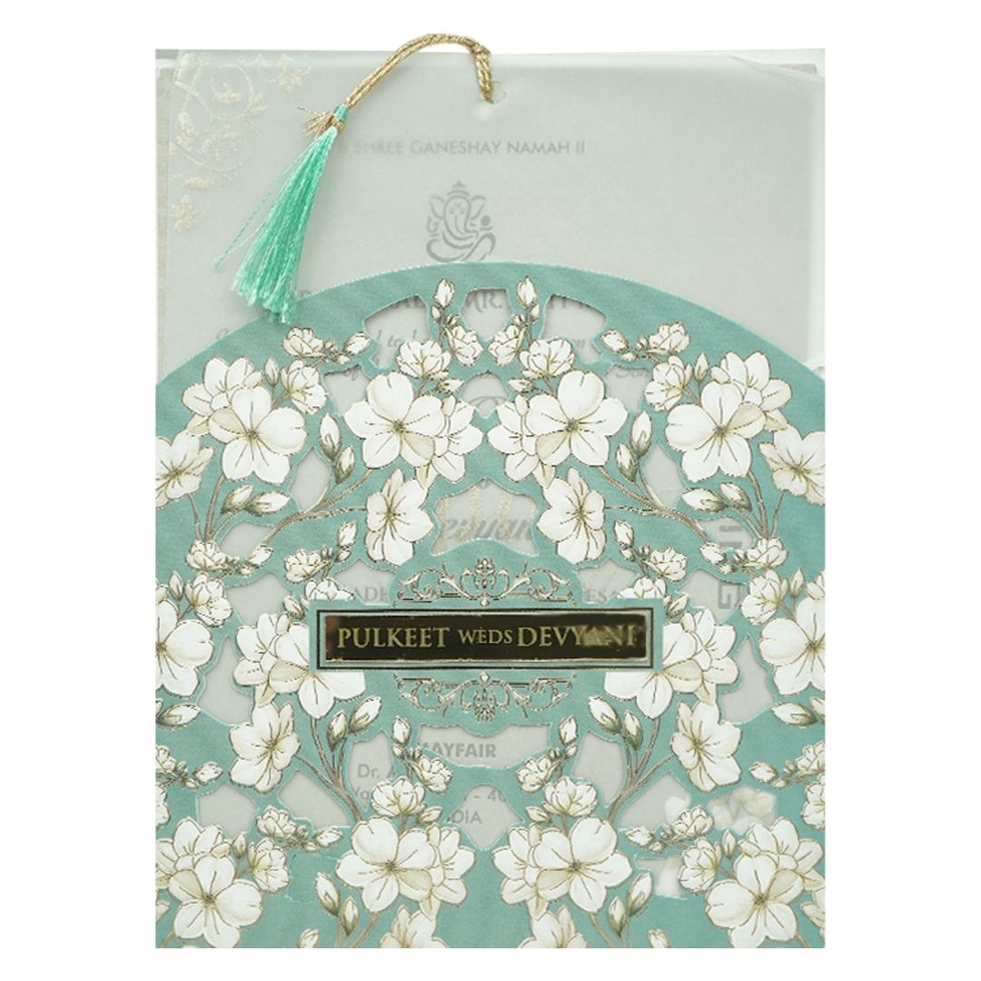 Blue Floral Laser Cut Wedding Card-KJTS1779
