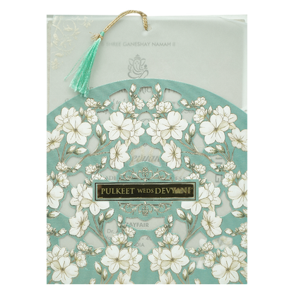 Blue Floral Laser Cut Wedding Card-KJTS1779