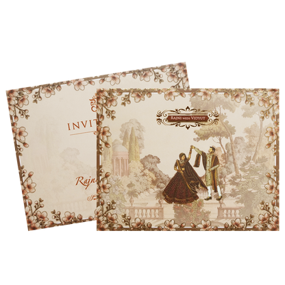 Cream Garden Couple Floral Padded Wedding Card - KVN07290