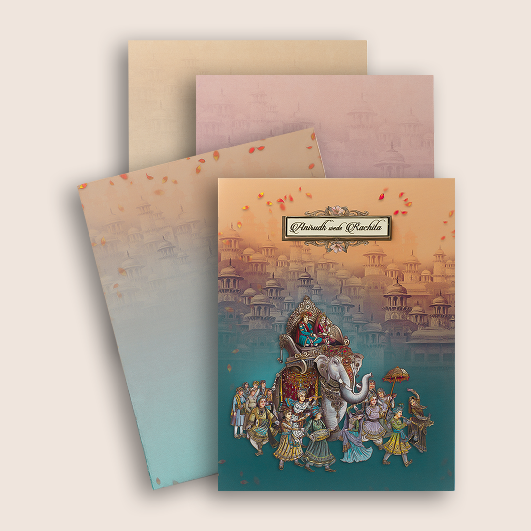 Blue Royal Elephant Baraat Wedding Card - KAA05170