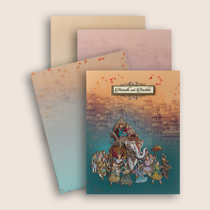 Blue Royal Elephant Baraat Wedding Card - KAA05170