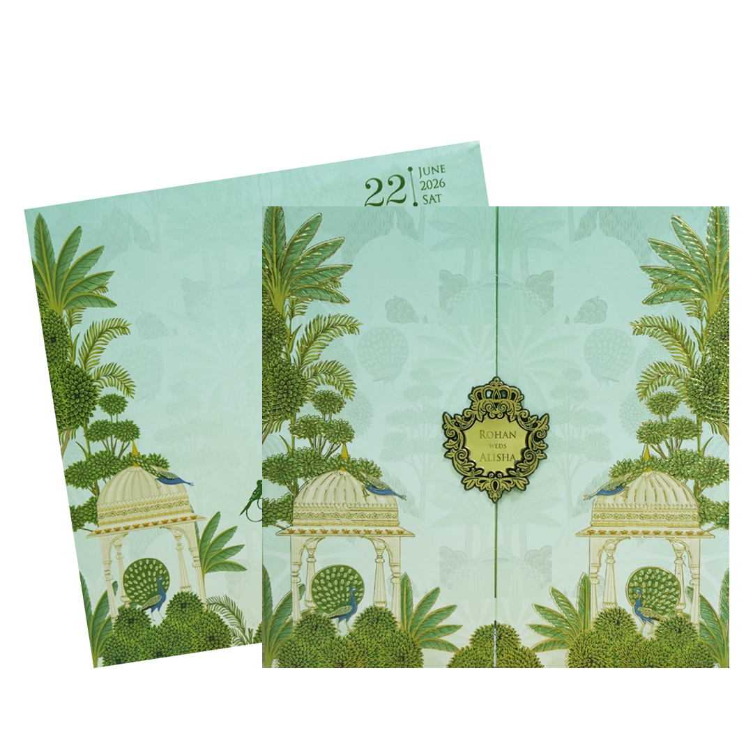 Mint Green Palace Peacock Wedding Card-KFR15350