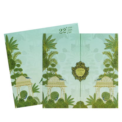 Mint Green Palace Peacock Wedding Card-KFR15350