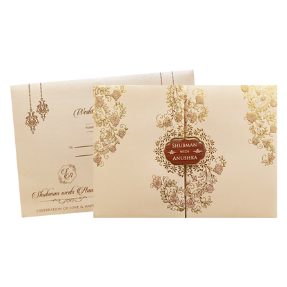 Ivory Padded Embossed Floral Wedding Invitation Card-KRB09710