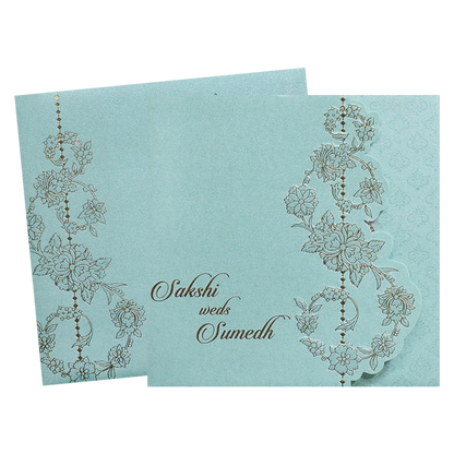 Sky Blue Floral Laser Cut Wedding Card-KPR06160