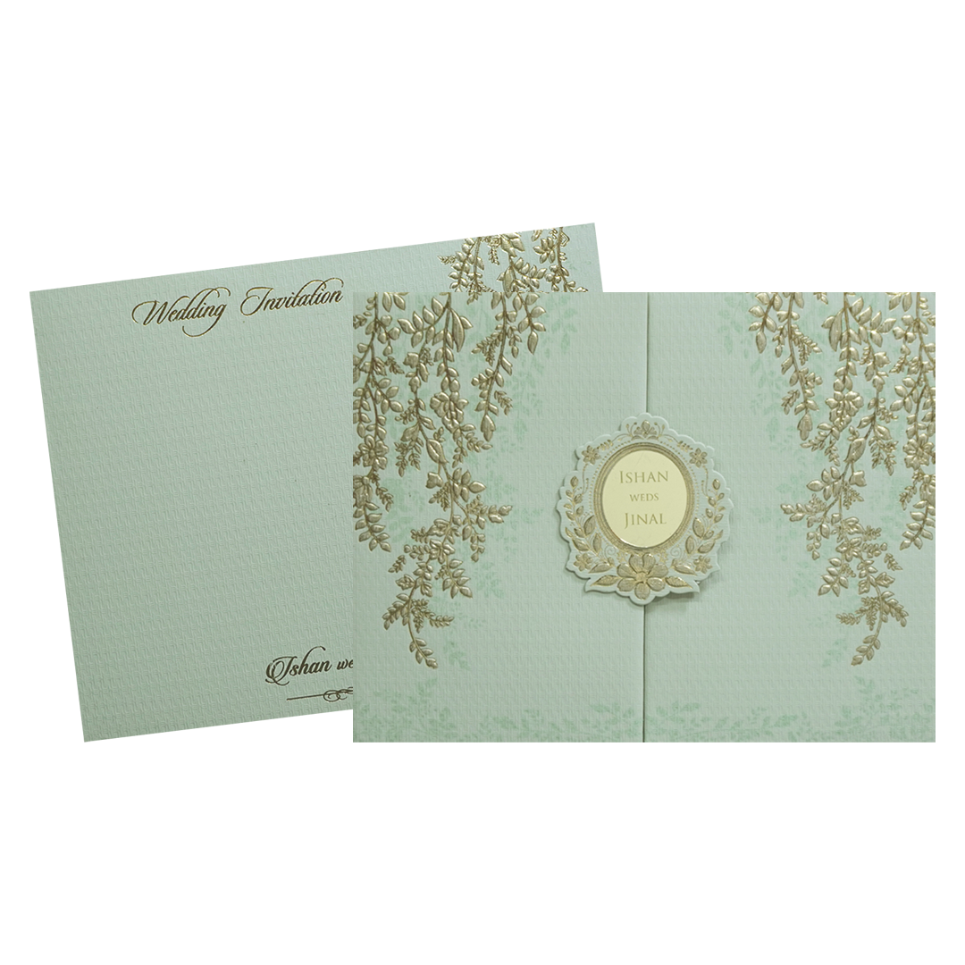 Luxury Green &amp; Gold Padded Wedding Card - KMMWD1113
