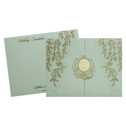 Luxury Green &amp; Gold Padded Wedding Card - KMMWD1113