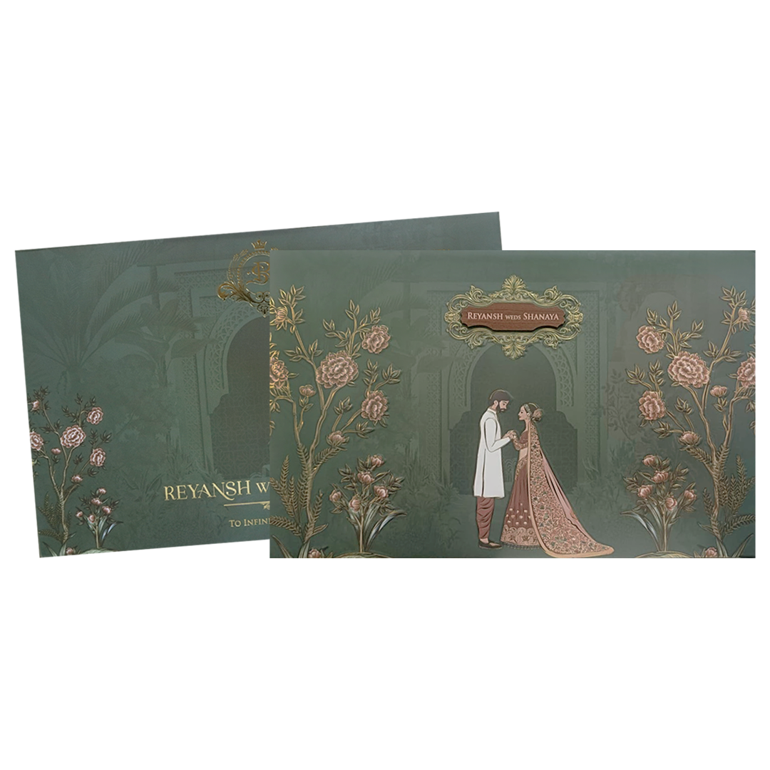 Dark Green Floral Arch Padded Couple Wedding Card - KVN07640