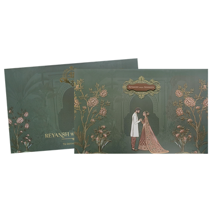 Dark Green Floral Arch Padded Couple Wedding Card - KVN07640