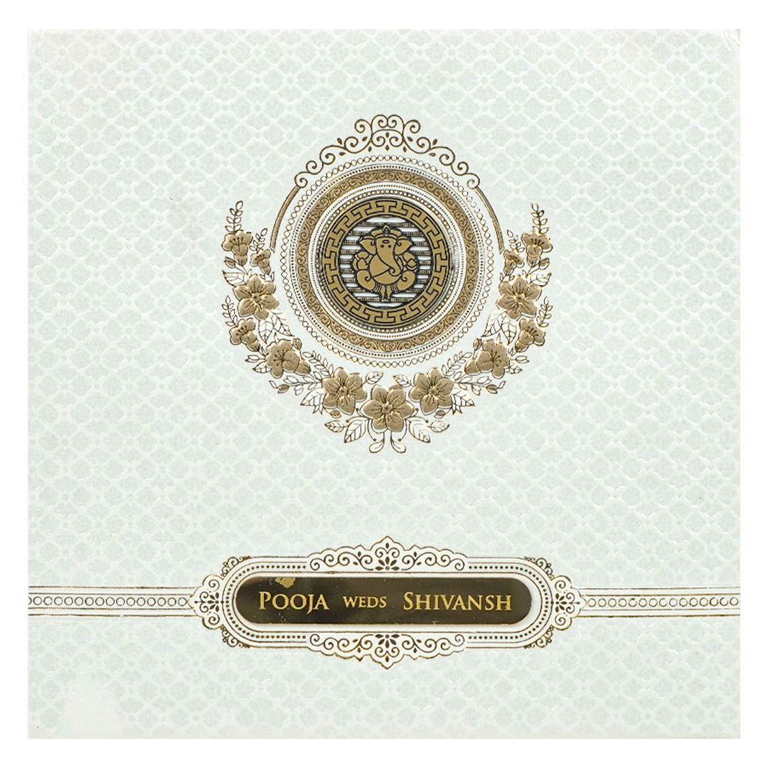 White Ganesha Floral Padded Wedding Card-KRE27590