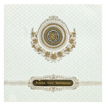 White Ganesha Floral Padded Wedding Card-KRE27590