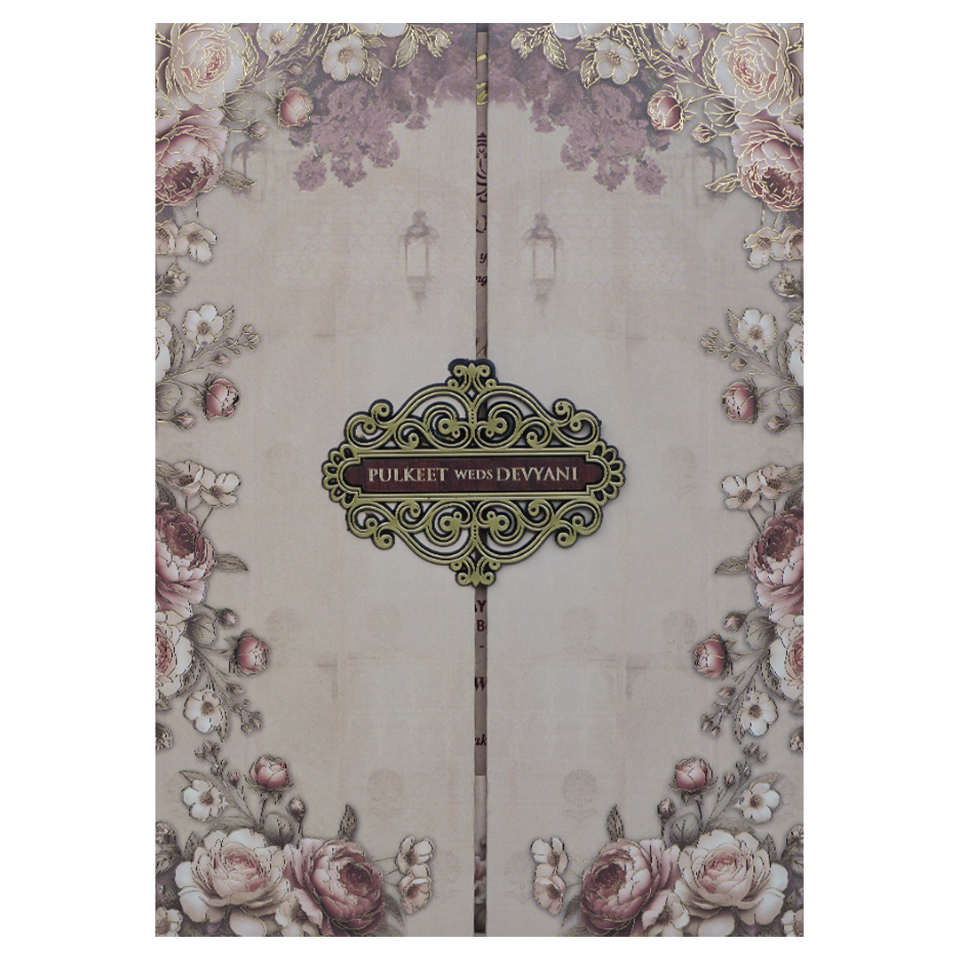 Beige Padded Floral Wedding Card-KJTS1741