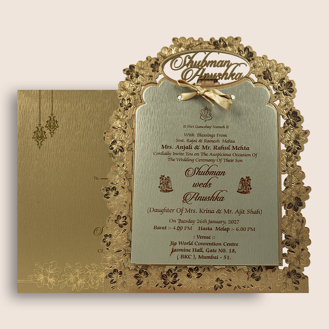 Gold Floral MDF Laser Cut Wedding Invitation Card - KRB09142