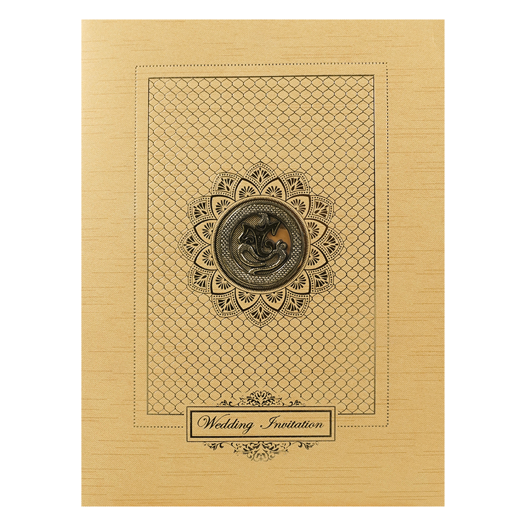Gold Ganesha Lotus Embossed Wedding Card-KNRM7085G