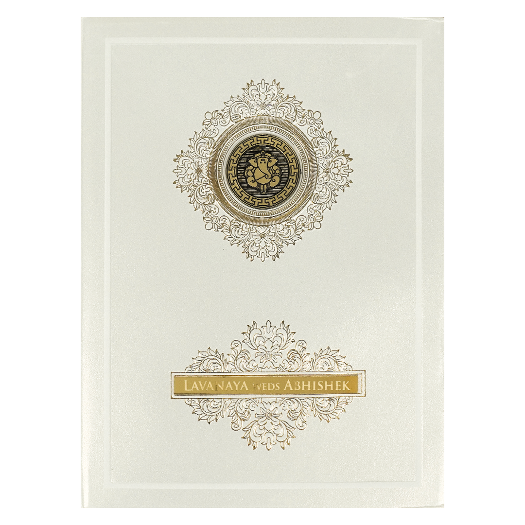White Ganesha Medallion Floral Padded Wedding Card-KRE26300