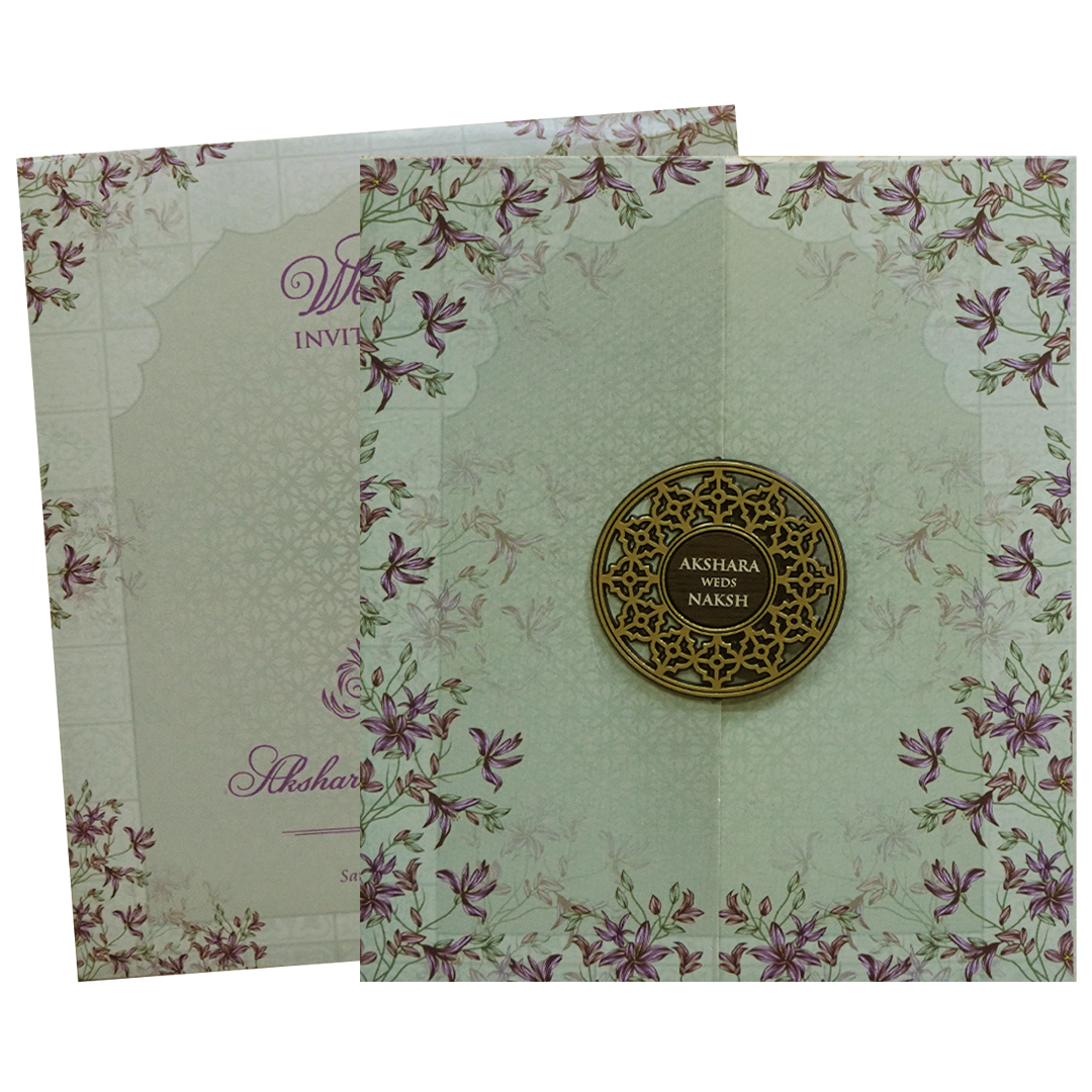 Green Purple Floral Circular Nameplate Wedding Card - KVN07620