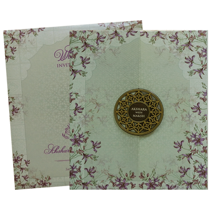 Green Purple Floral Circular Nameplate Wedding Card - KVN07620