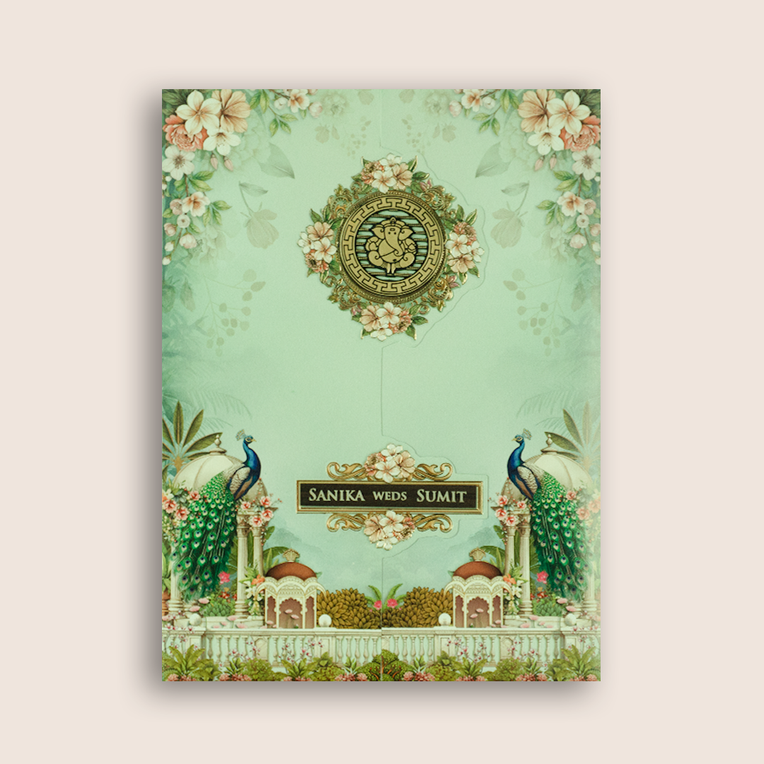 Pastel Green Peacock Door Style Wedding Card - KSH27130
