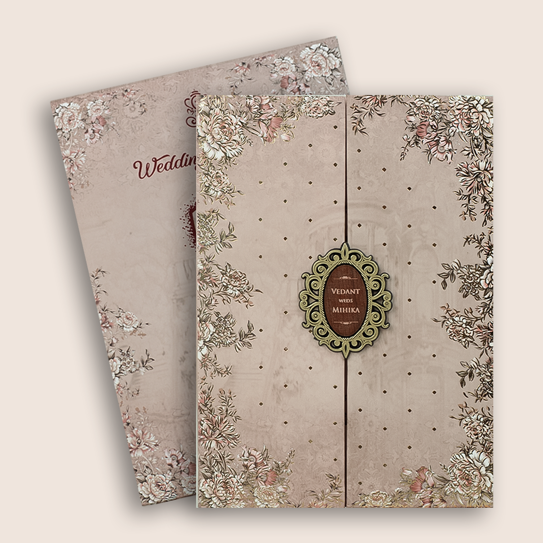 Blush Pink Floral Padded Door Style Wedding Card - KVN07080