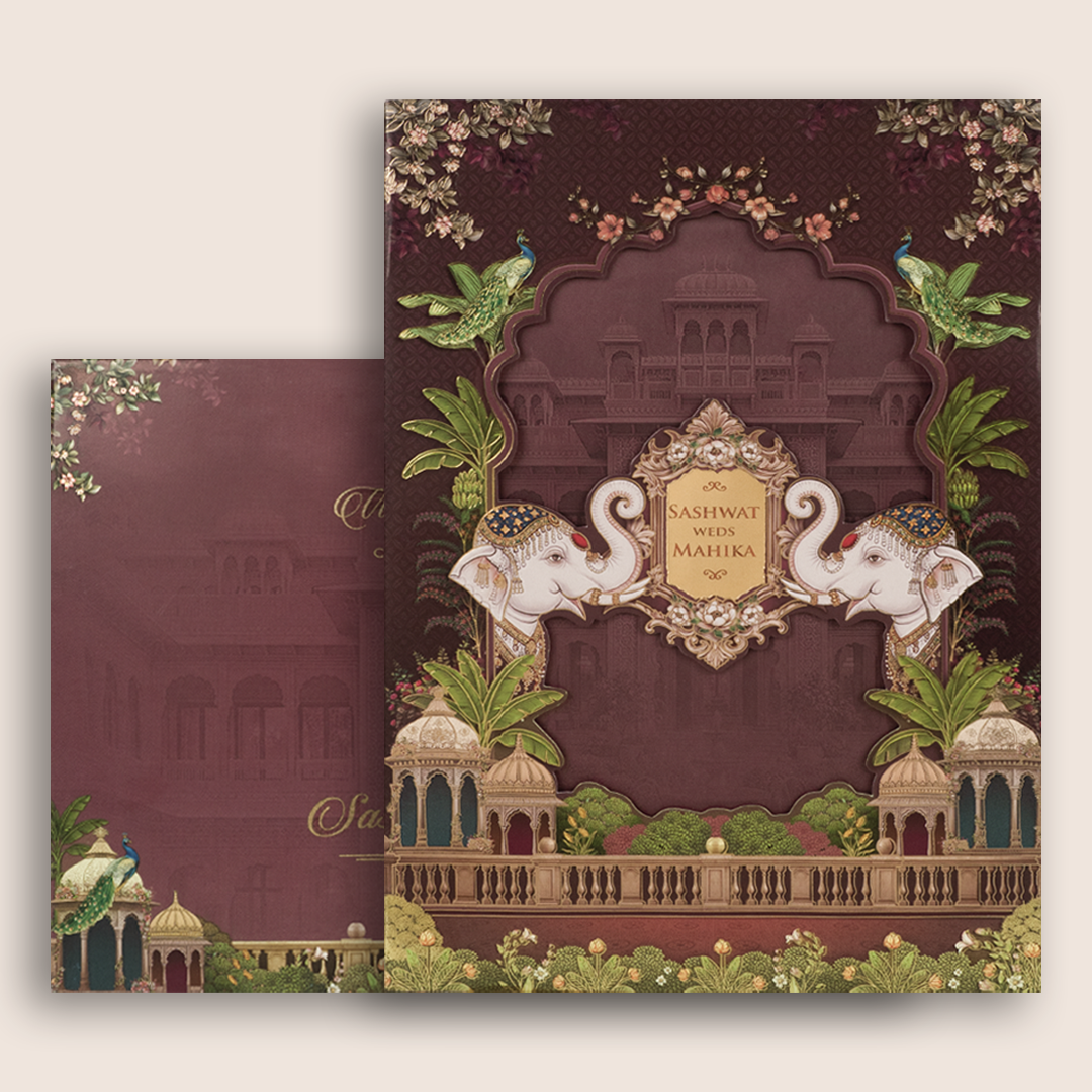 Burgundy Royal Elephant Laser Cut Invitation Card - KRE29040
