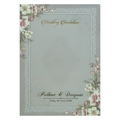 Grey Floral Border Padded Wedding Card-KJTS1814