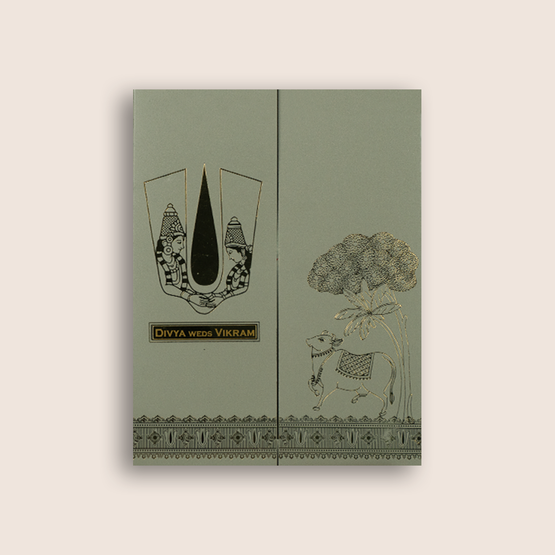 Grey Vaishnava Tilak Door Style Wedding Card - KNRR8708G
