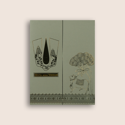 Grey Vaishnava Tilak Door Style Wedding Card - KNRR8708G