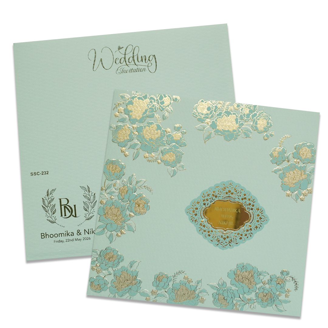 Blue Floral Gold Padded Wedding Card - KSSC2320