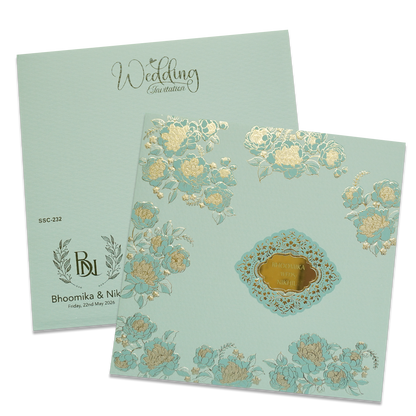 Blue Floral Gold Padded Wedding Card - KSSC2320