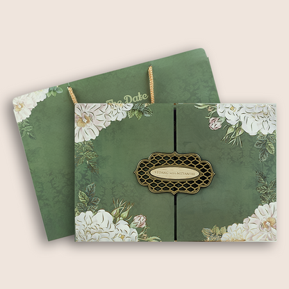 Green Floral Door Style Padded Wedding Card - KVN06550