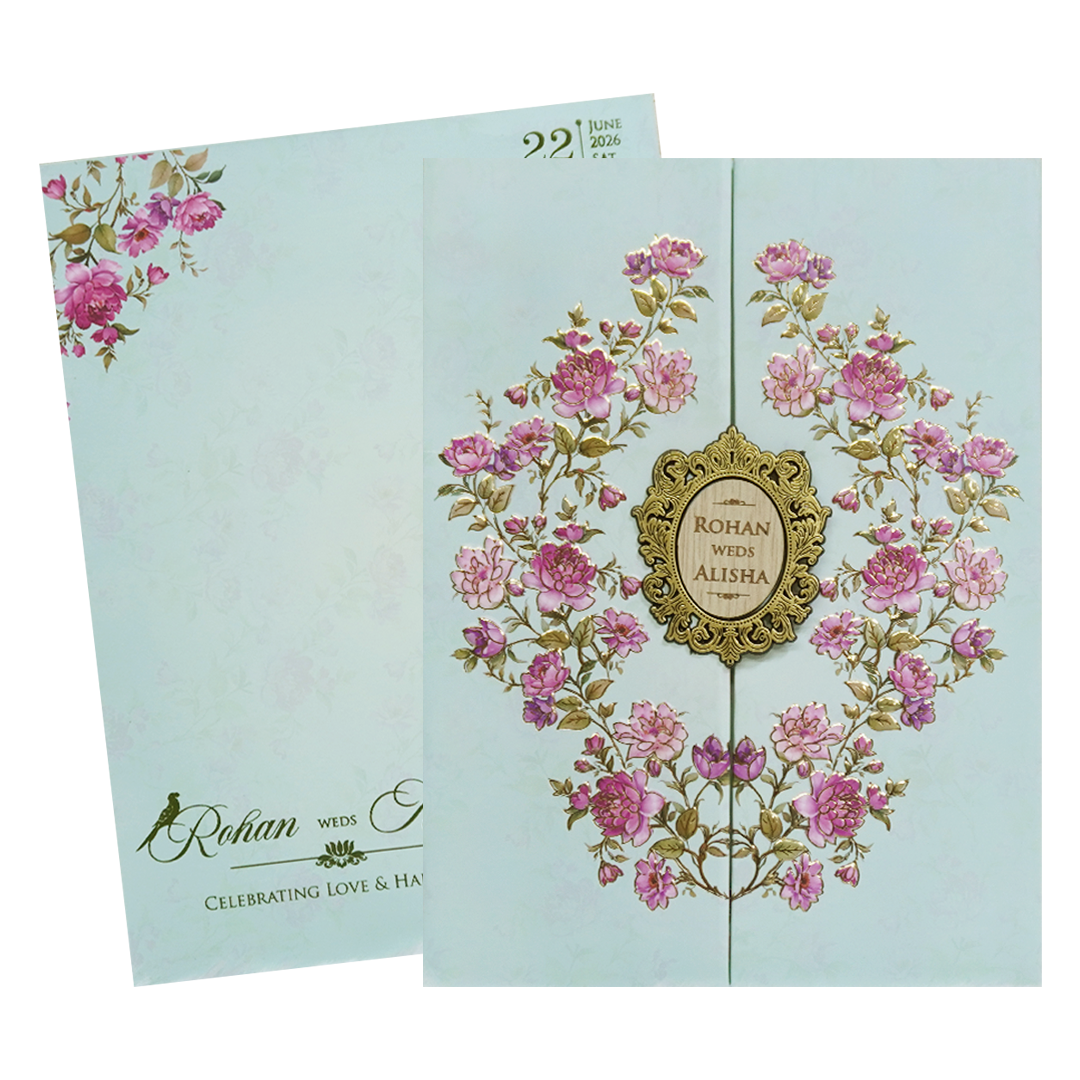 Mint Blue Floral Wedding Card - KFR16360