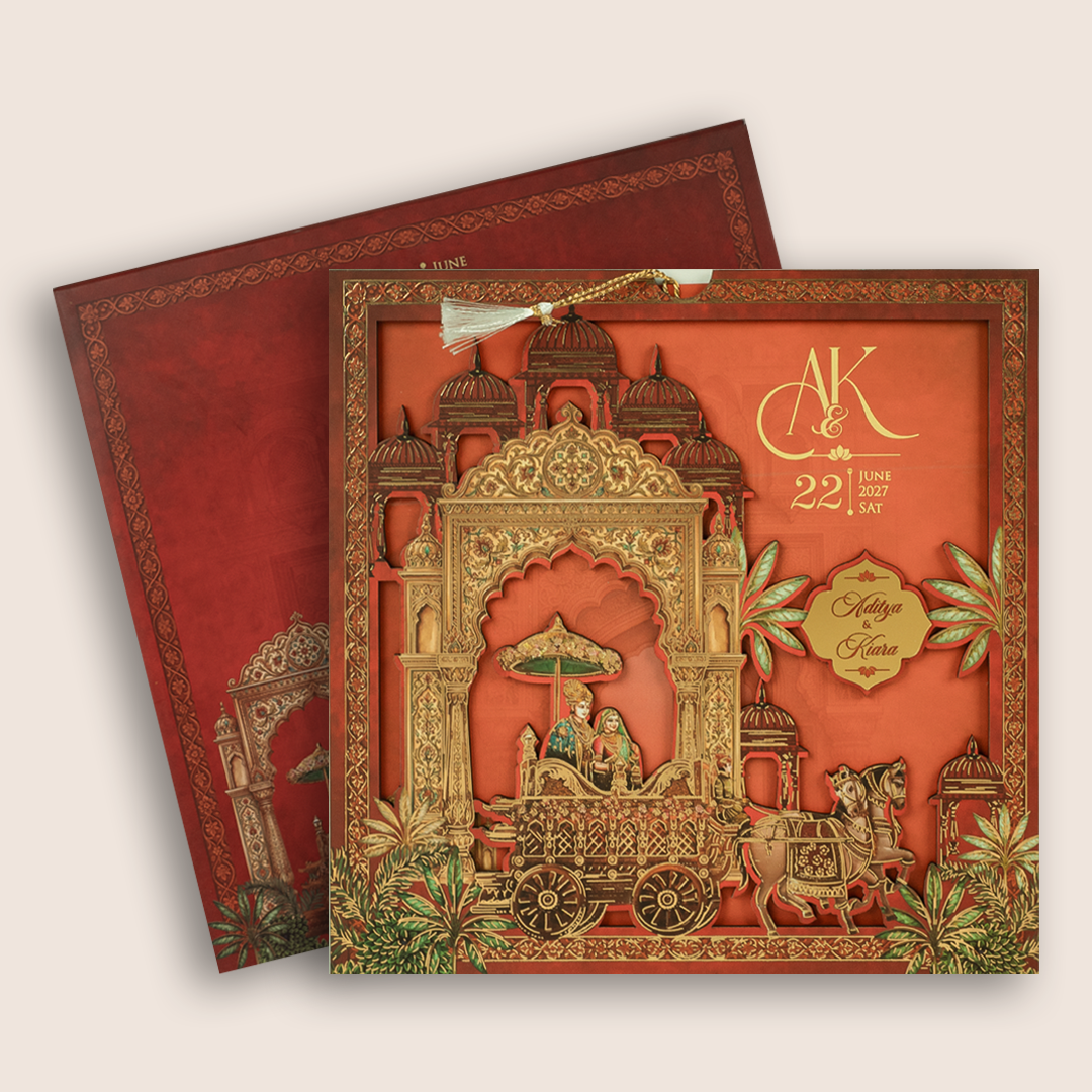 Red Laser Cut Horse Chariot MDF Wedding Invitation - KFR17090