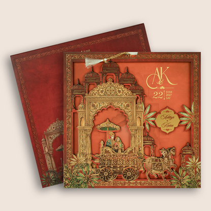 Red Laser Cut Horse Chariot MDF Wedding Invitation - KFR17090