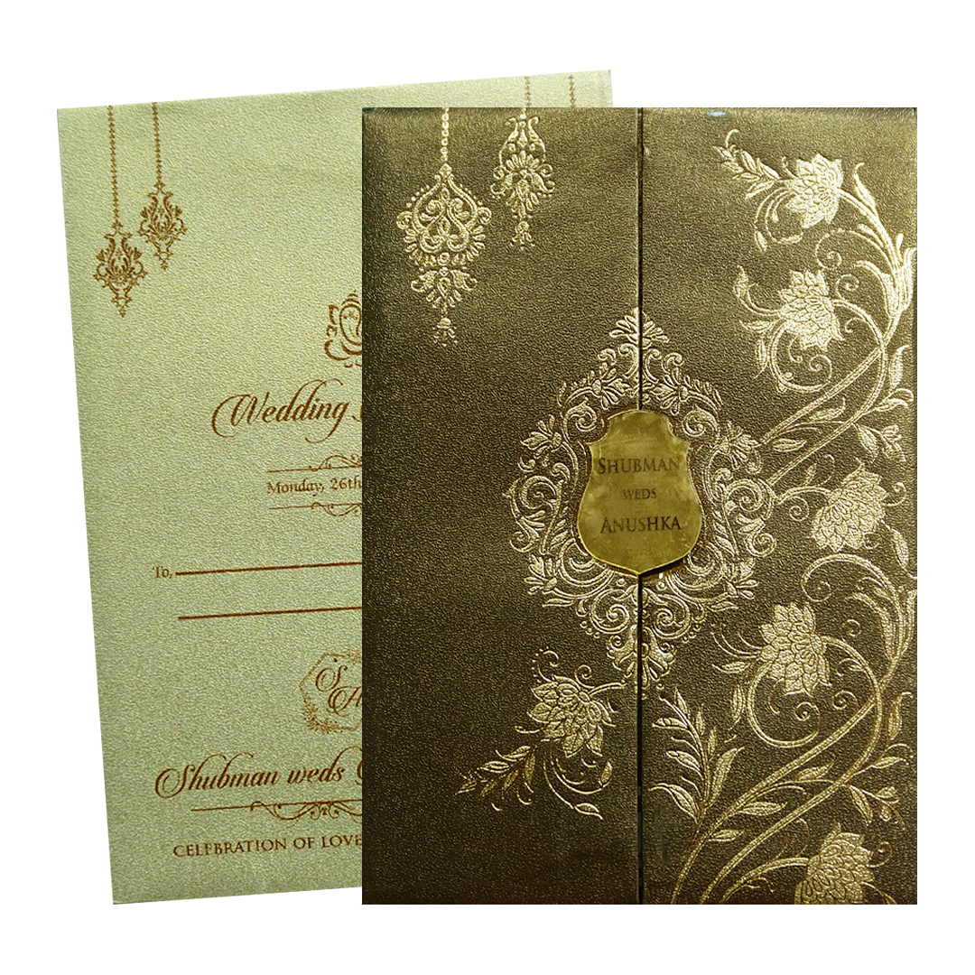 Brown Gold Padded Door Style Wedding Card-KRB08340